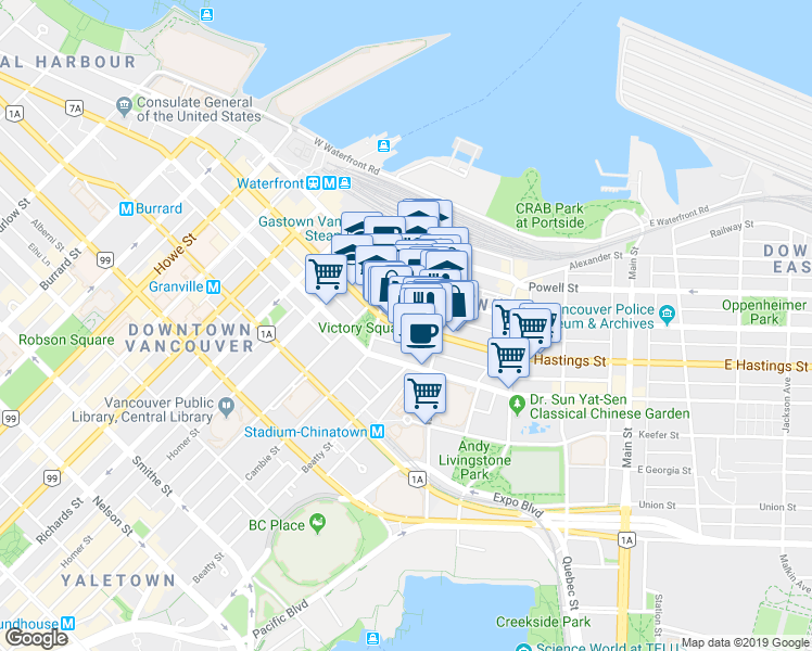 map of restaurants, bars, coffee shops, grocery stores, and more near 133 West Hastings Street in Vancouver
