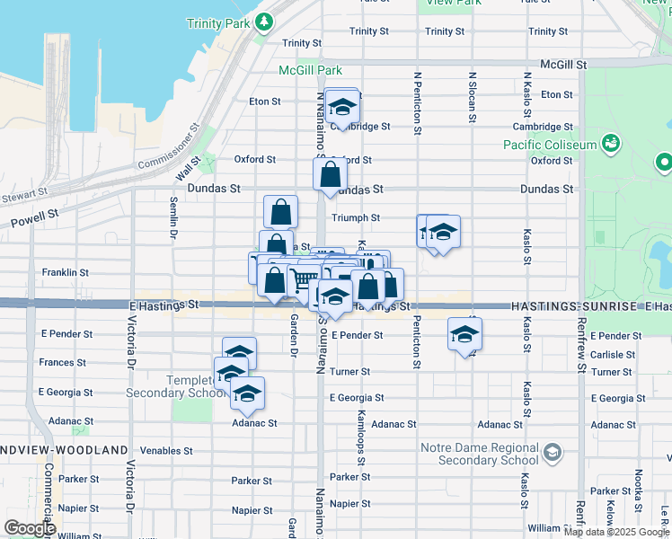 map of restaurants, bars, coffee shops, grocery stores, and more near 2423 Franklin Street in Vancouver