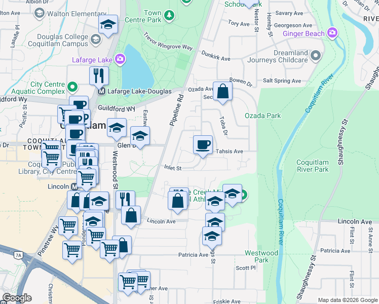 map of restaurants, bars, coffee shops, grocery stores, and more near in Coquitlam
