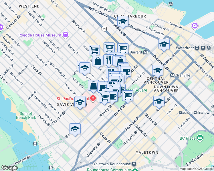 map of restaurants, bars, coffee shops, grocery stores, and more near 1028 Barclay Street in Vancouver