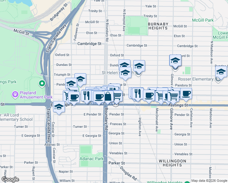 map of restaurants, bars, coffee shops, grocery stores, and more near 3755 Albert Street in Burnaby