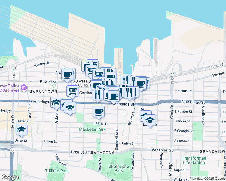 map of restaurants, bars, coffee shops, grocery stores, and more near in Vancouver