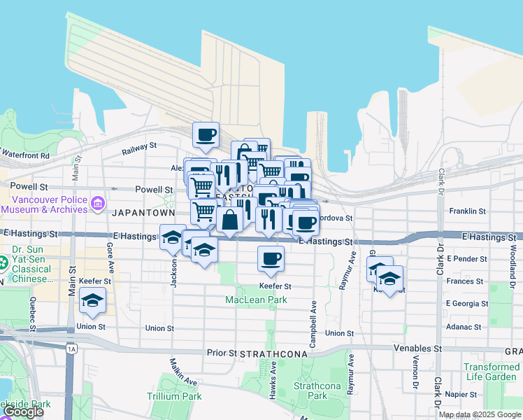 map of restaurants, bars, coffee shops, grocery stores, and more near 780 East Cordova Street in Vancouver