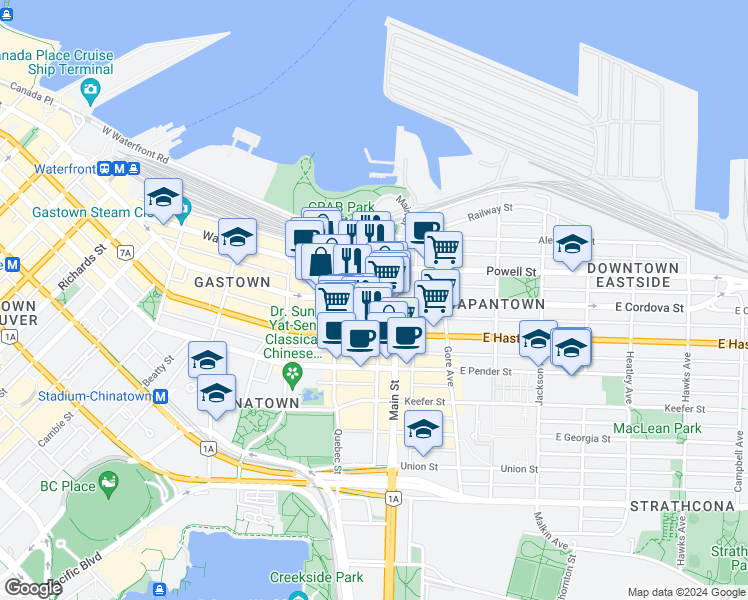 map of restaurants, bars, coffee shops, grocery stores, and more near 309 East Cordova Street in Vancouver