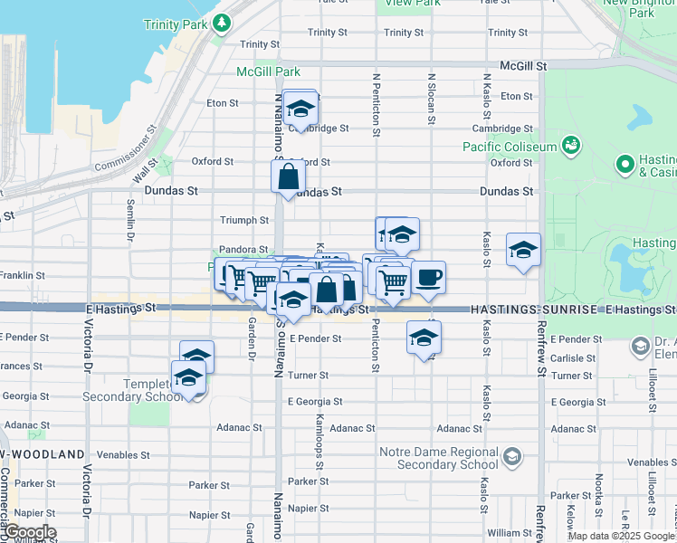 map of restaurants, bars, coffee shops, grocery stores, and more near 2529 Franklin Street in Vancouver