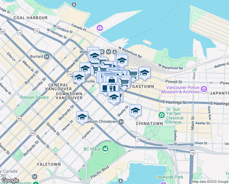 map of restaurants, bars, coffee shops, grocery stores, and more near 461 Hamilton Street in Vancouver