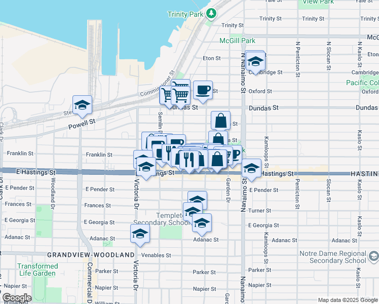 map of restaurants, bars, coffee shops, grocery stores, and more near 2121 Franklin Street in Vancouver