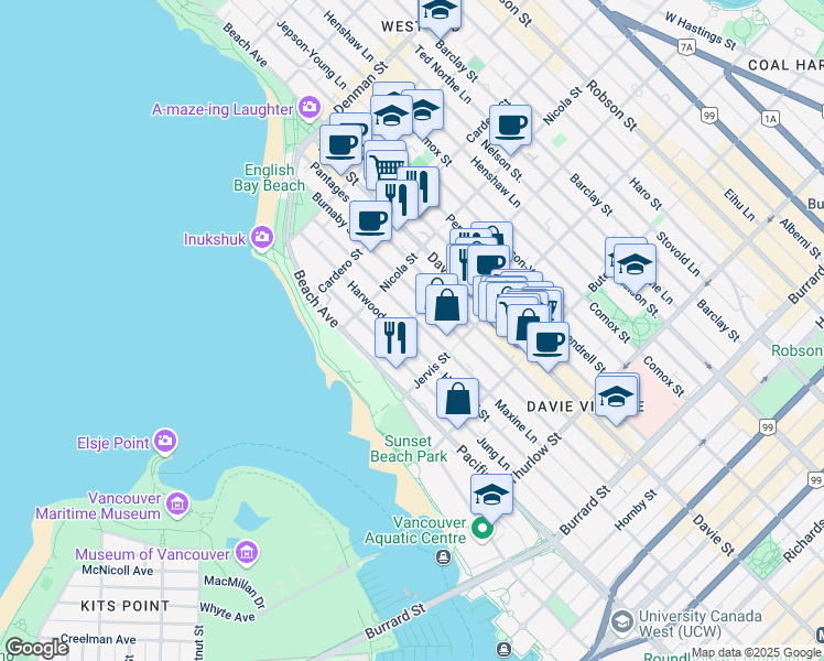 map of restaurants, bars, coffee shops, grocery stores, and more near 1371 Harwood Street in Vancouver