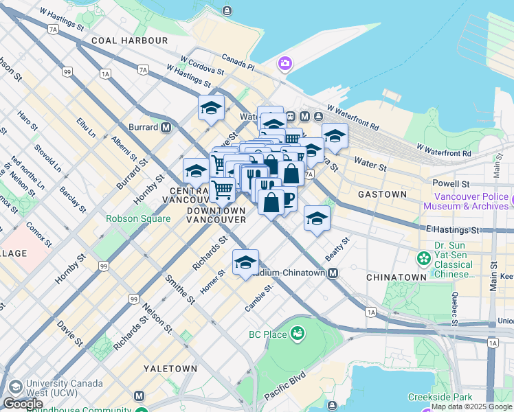 map of restaurants, bars, coffee shops, grocery stores, and more near 603 Richards Street in Vancouver