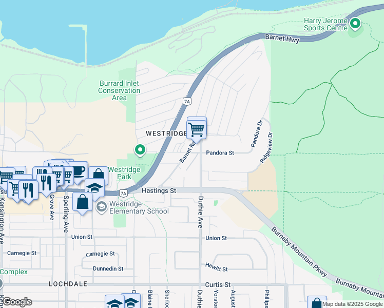 map of restaurants, bars, coffee shops, grocery stores, and more near 7174 Barnet Road in Burnaby