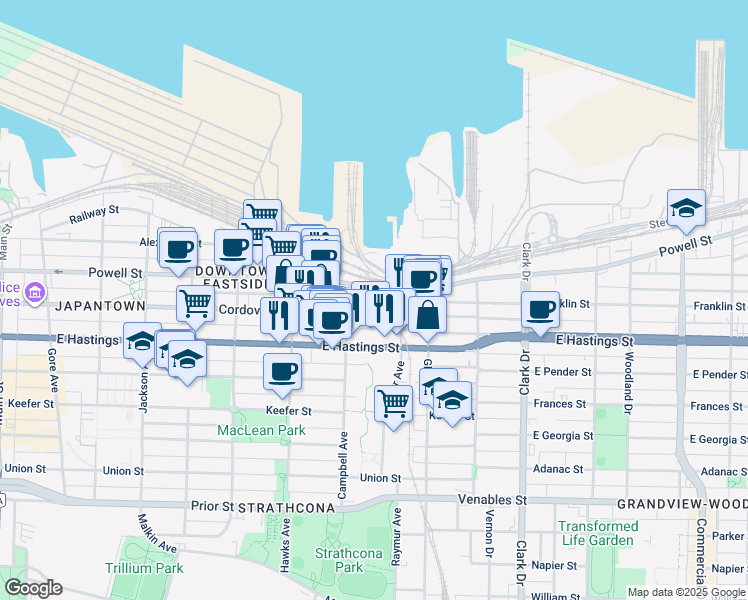 map of restaurants, bars, coffee shops, grocery stores, and more near in Vancouver