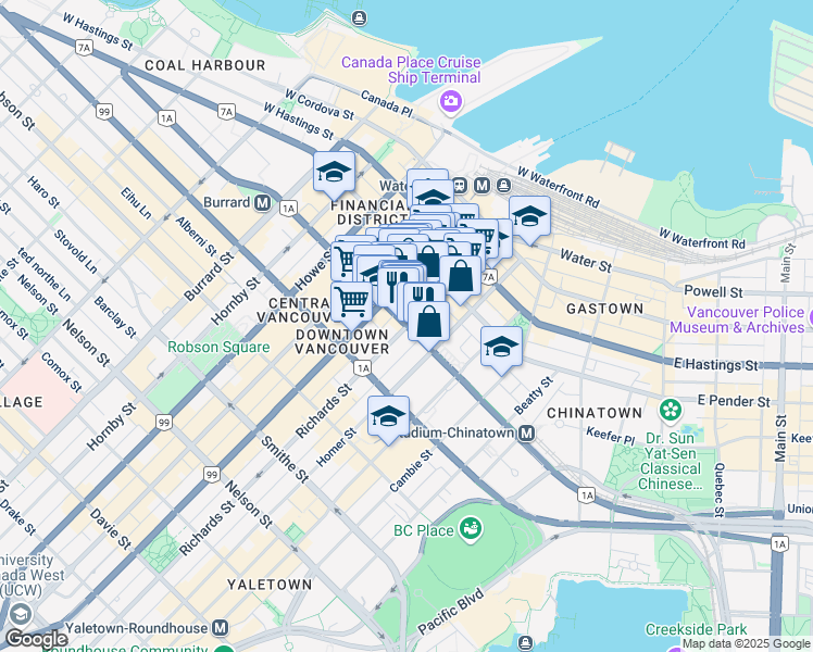 map of restaurants, bars, coffee shops, grocery stores, and more near 500 Dunsmuir Street in Vancouver