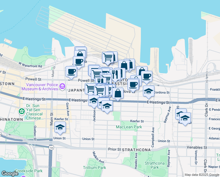 map of restaurants, bars, coffee shops, grocery stores, and more near 242 Princess Avenue in Vancouver