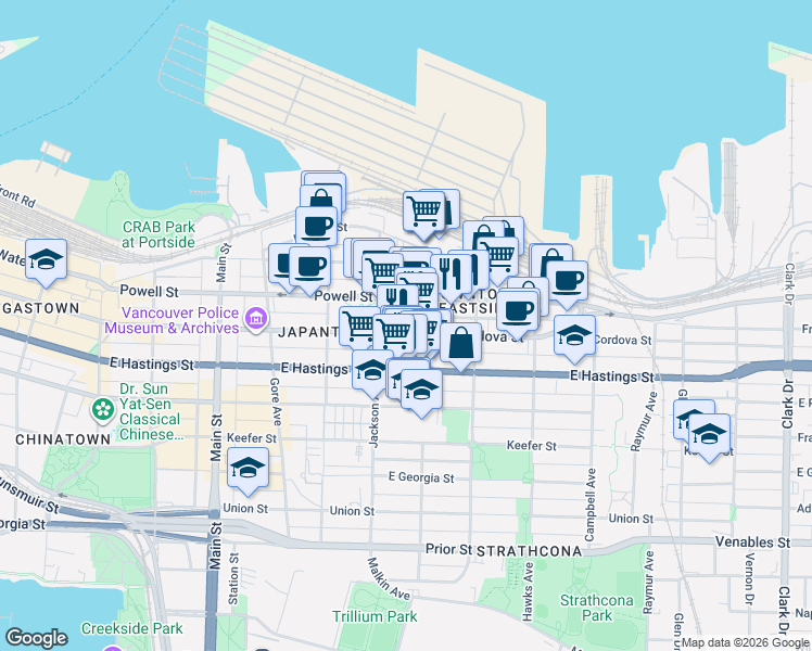 map of restaurants, bars, coffee shops, grocery stores, and more near 557 East Cordova Street in Vancouver