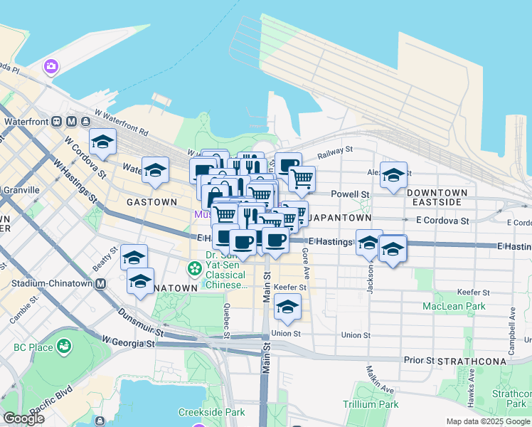 map of restaurants, bars, coffee shops, grocery stores, and more near 309 East Cordova Street in Vancouver