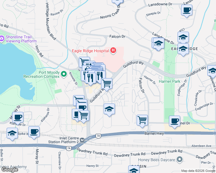 map of restaurants, bars, coffee shops, grocery stores, and more near 428 Lehman Place in Port Moody