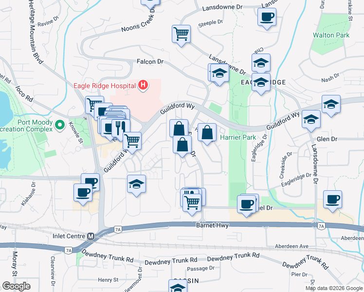 map of restaurants, bars, coffee shops, grocery stores, and more near 1176 Falcon Drive in Coquitlam