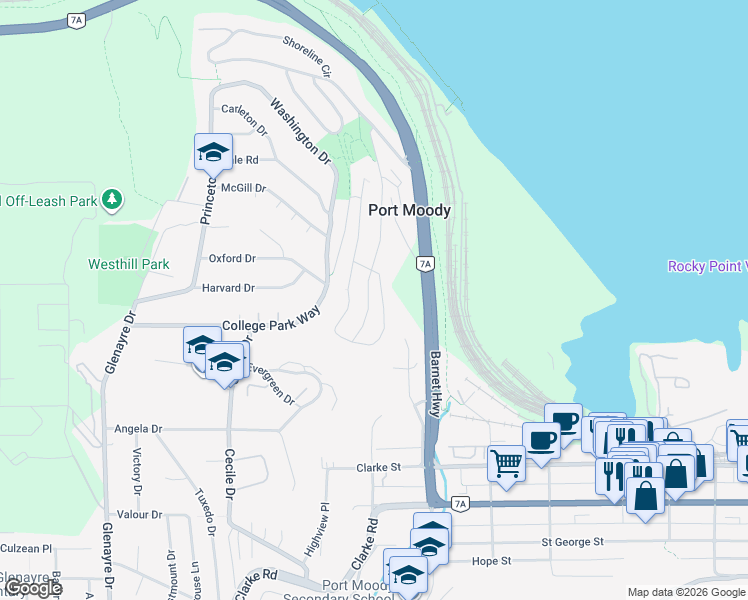 map of restaurants, bars, coffee shops, grocery stores, and more near 238 Cambridge Way in Port Moody