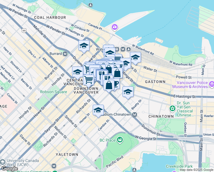 map of restaurants, bars, coffee shops, grocery stores, and more near 566 Richards Street in Vancouver