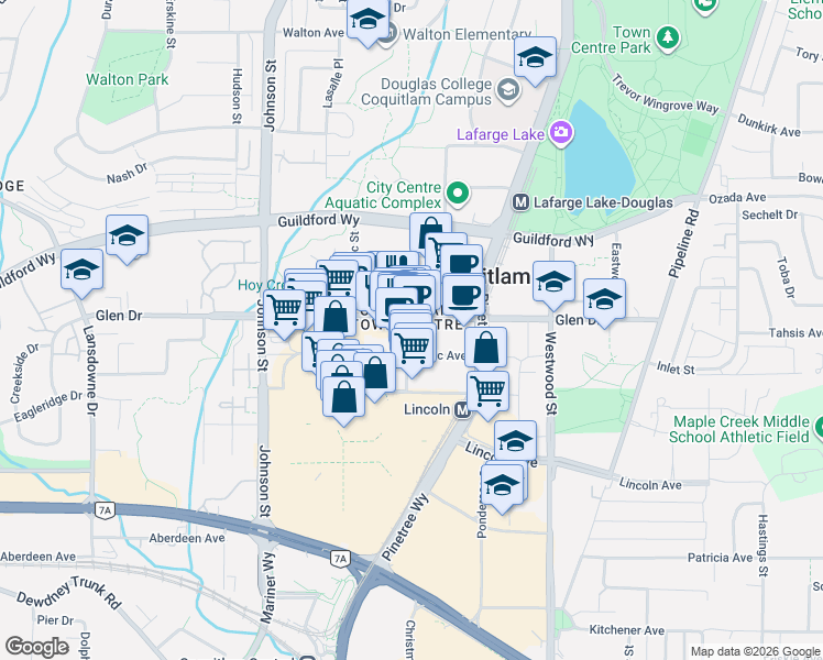 map of restaurants, bars, coffee shops, grocery stores, and more near 1161 The High Street in Coquitlam