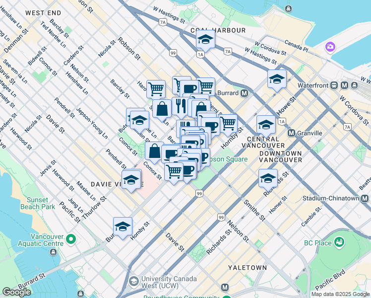 map of restaurants, bars, coffee shops, grocery stores, and more near in Vancouver
