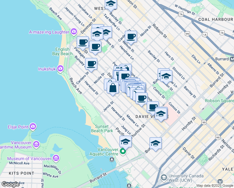map of restaurants, bars, coffee shops, grocery stores, and more near 1251 Jervis Street in Vancouver