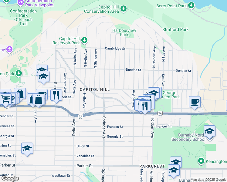 map of restaurants, bars, coffee shops, grocery stores, and more near 5290 Pandora Street in Burnaby