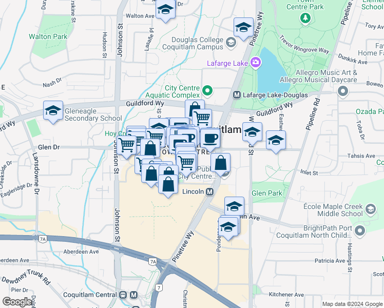 map of restaurants, bars, coffee shops, grocery stores, and more near 1161 The High Street in Coquitlam