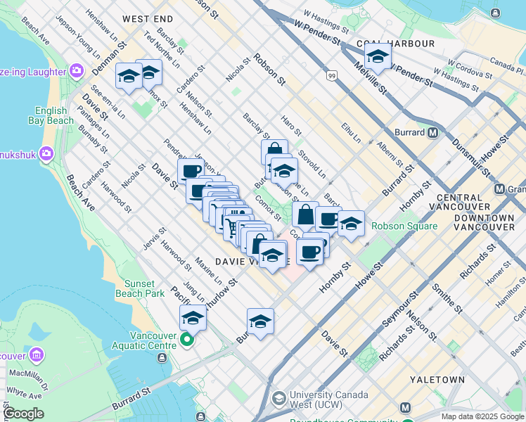 map of restaurants, bars, coffee shops, grocery stores, and more near 1150 Comox Street in Vancouver
