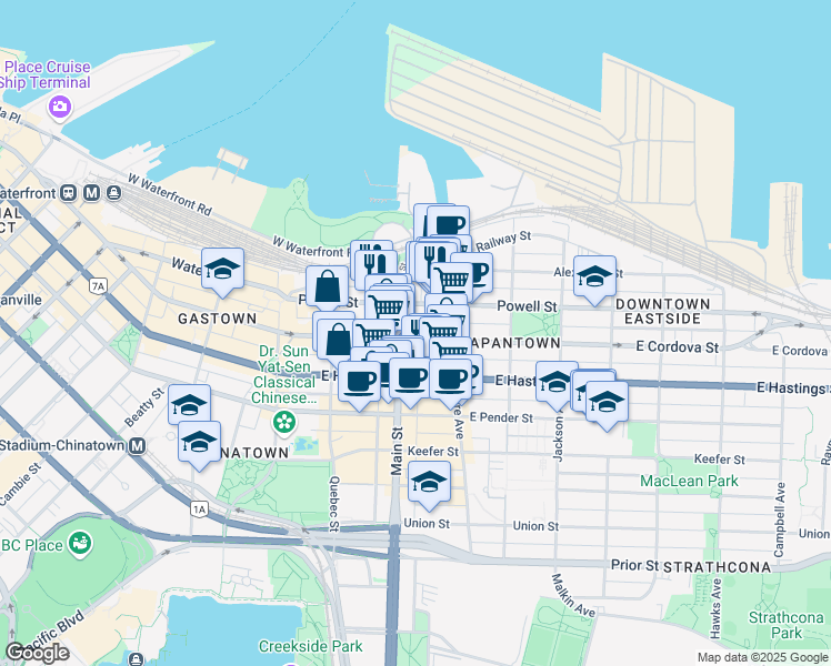 map of restaurants, bars, coffee shops, grocery stores, and more near 209 East Cordova Street in Vancouver