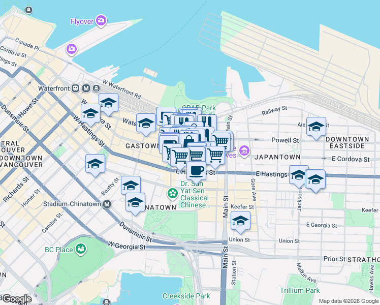 map of restaurants, bars, coffee shops, grocery stores, and more near 87 East Cordova Street in Vancouver