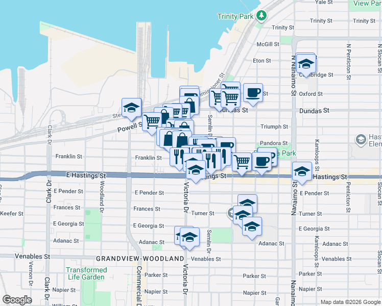 map of restaurants, bars, coffee shops, grocery stores, and more near 220 Victoria Drive in Vancouver