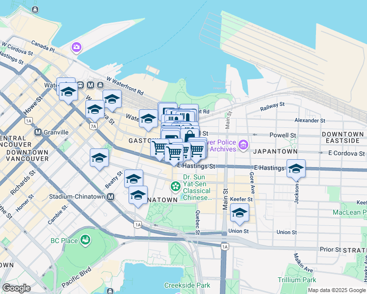 map of restaurants, bars, coffee shops, grocery stores, and more near 55 East Cordova Street in Vancouver