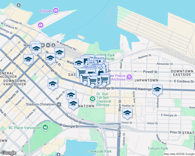 map of restaurants, bars, coffee shops, grocery stores, and more near 47 East Cordova Street in Vancouver