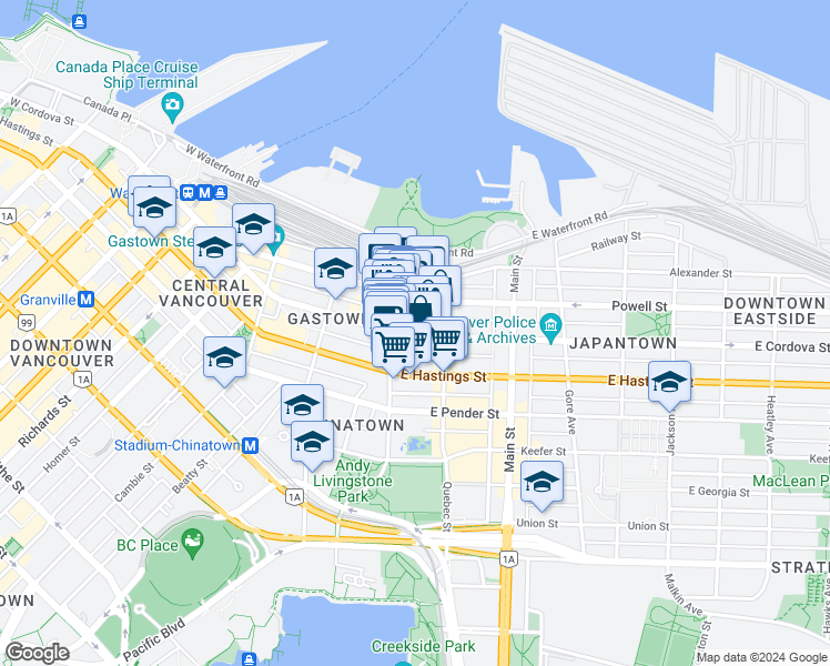 map of restaurants, bars, coffee shops, grocery stores, and more near 55 East Cordova Street in Vancouver