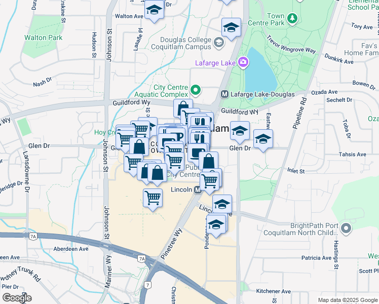 map of restaurants, bars, coffee shops, grocery stores, and more near 2992 Glen Drive in Coquitlam