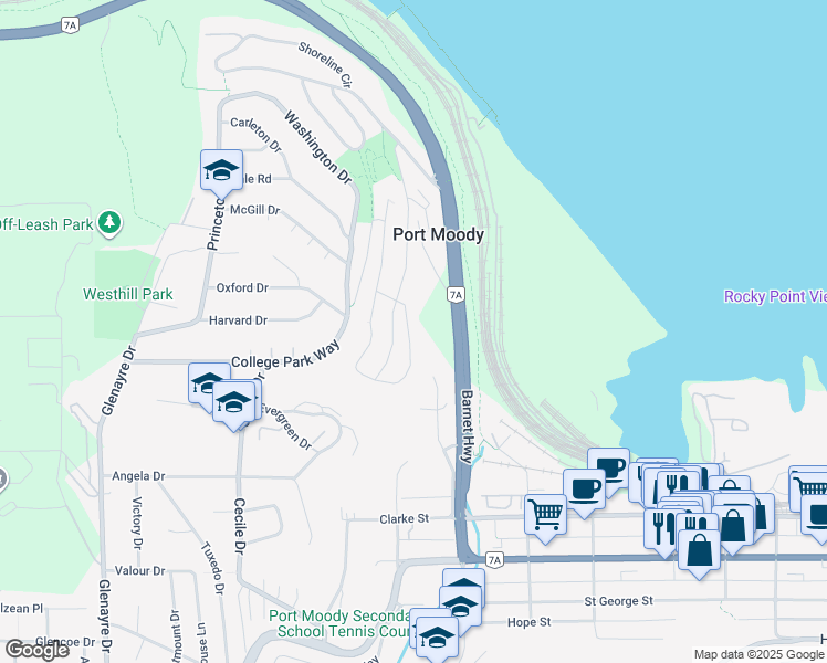 map of restaurants, bars, coffee shops, grocery stores, and more near 234 Cornell Way in Port Moody