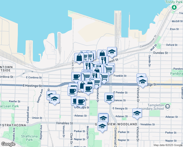 map of restaurants, bars, coffee shops, grocery stores, and more near in Vancouver