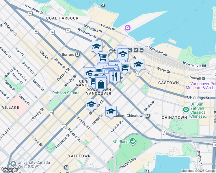 map of restaurants, bars, coffee shops, grocery stores, and more near 500 Dunsmuir Street in Vancouver