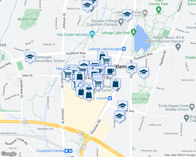 map of restaurants, bars, coffee shops, grocery stores, and more near 1163 The High Street in Coquitlam
