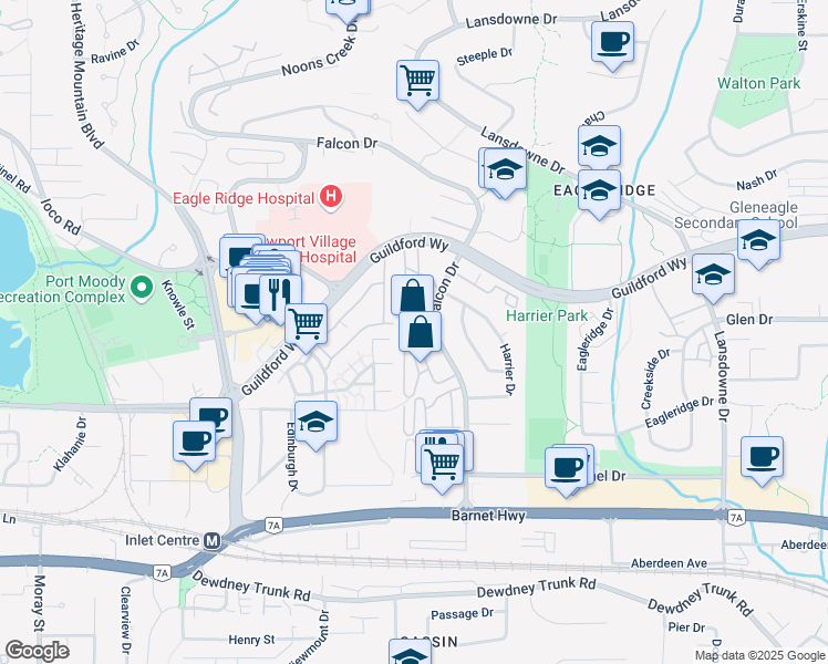map of restaurants, bars, coffee shops, grocery stores, and more near 1176 Falcon Drive in Coquitlam