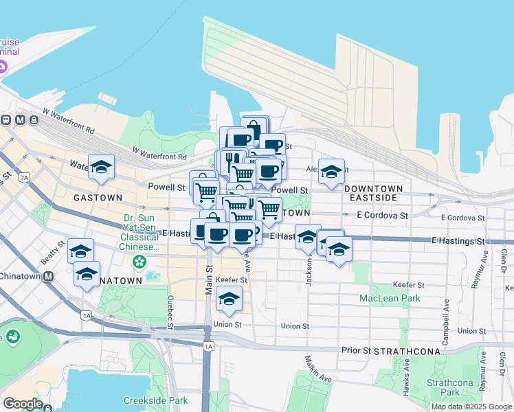 map of restaurants, bars, coffee shops, grocery stores, and more near 309 East Cordova Street in Vancouver