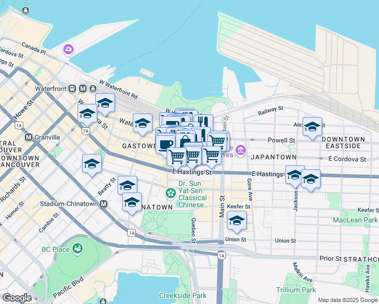 map of restaurants, bars, coffee shops, grocery stores, and more near 283 Columbia Street in Vancouver