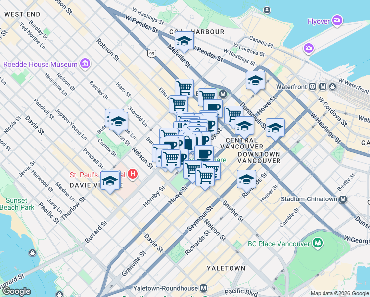 map of restaurants, bars, coffee shops, grocery stores, and more near 850 Burrard Street in Vancouver