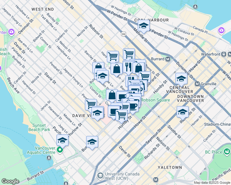 map of restaurants, bars, coffee shops, grocery stores, and more near 1083 Nelson Street in Vancouver
