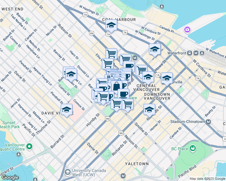 map of restaurants, bars, coffee shops, grocery stores, and more near in Vancouver