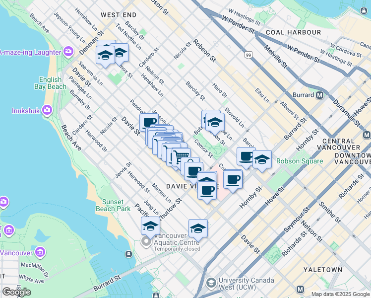 map of restaurants, bars, coffee shops, grocery stores, and more near in Vancouver