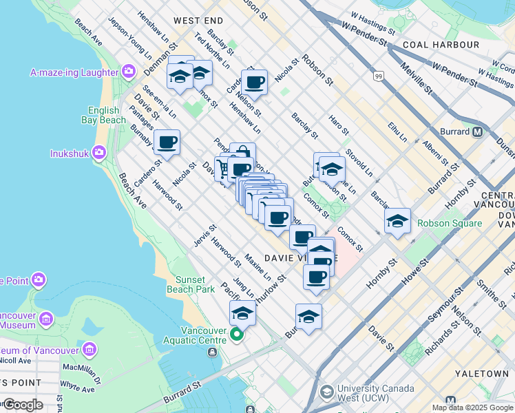 map of restaurants, bars, coffee shops, grocery stores, and more near 1206 Davie Street in Vancouver