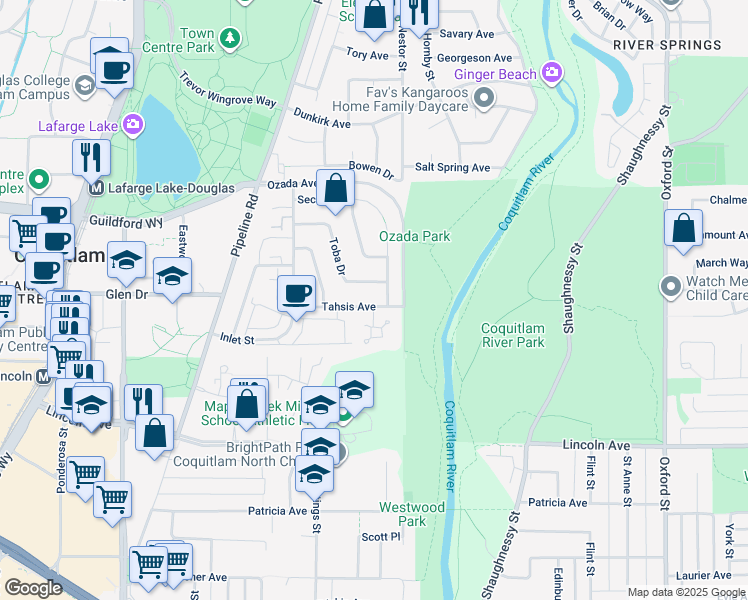 map of restaurants, bars, coffee shops, grocery stores, and more near 3185 Tahsis Avenue in Coquitlam