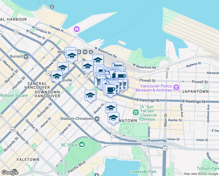 map of restaurants, bars, coffee shops, grocery stores, and more near 133 West Hastings Street in Vancouver